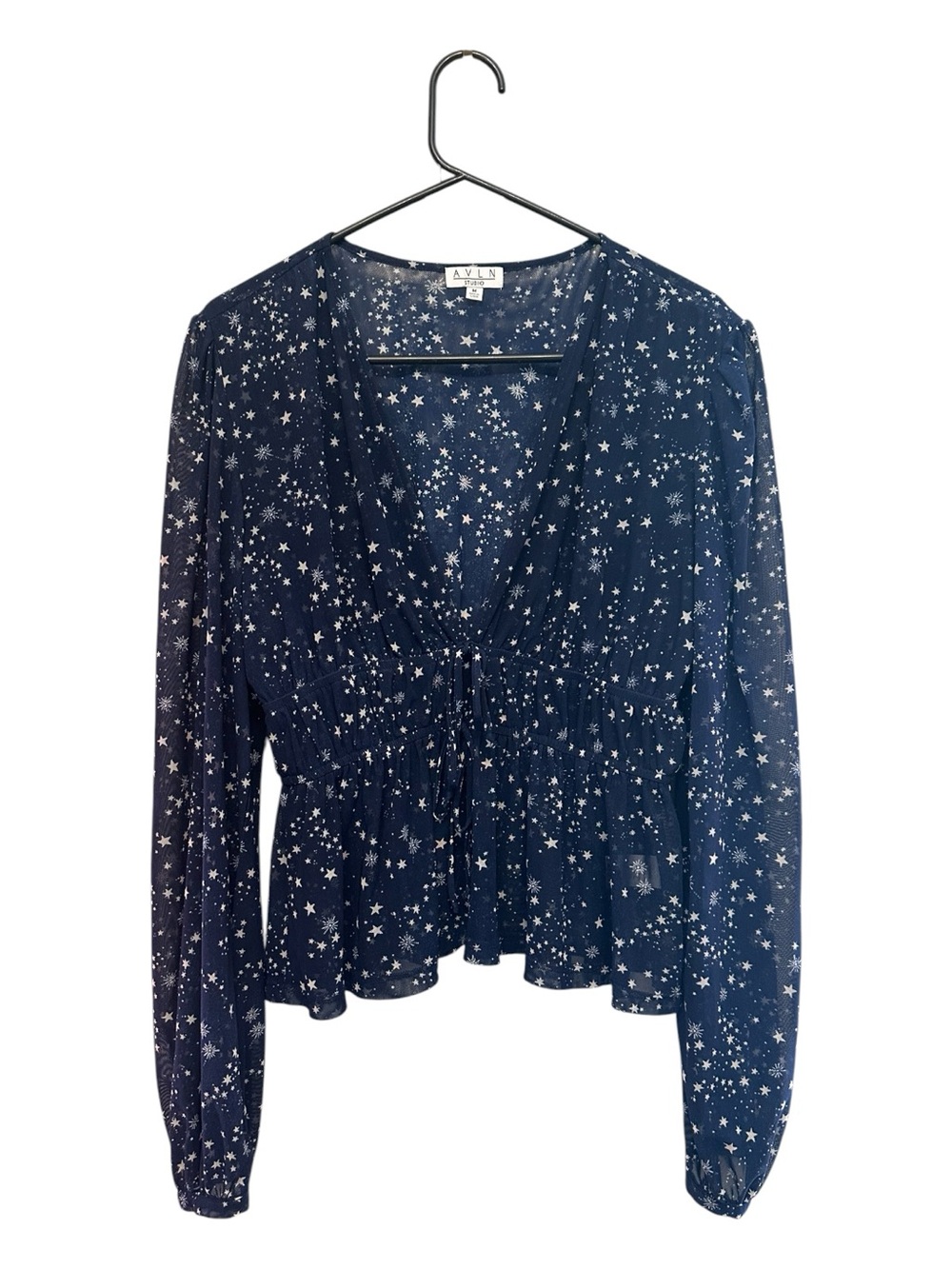 AVLN Studio Sheer Navy Celestial Star Print Peplum Blouse Size Medium